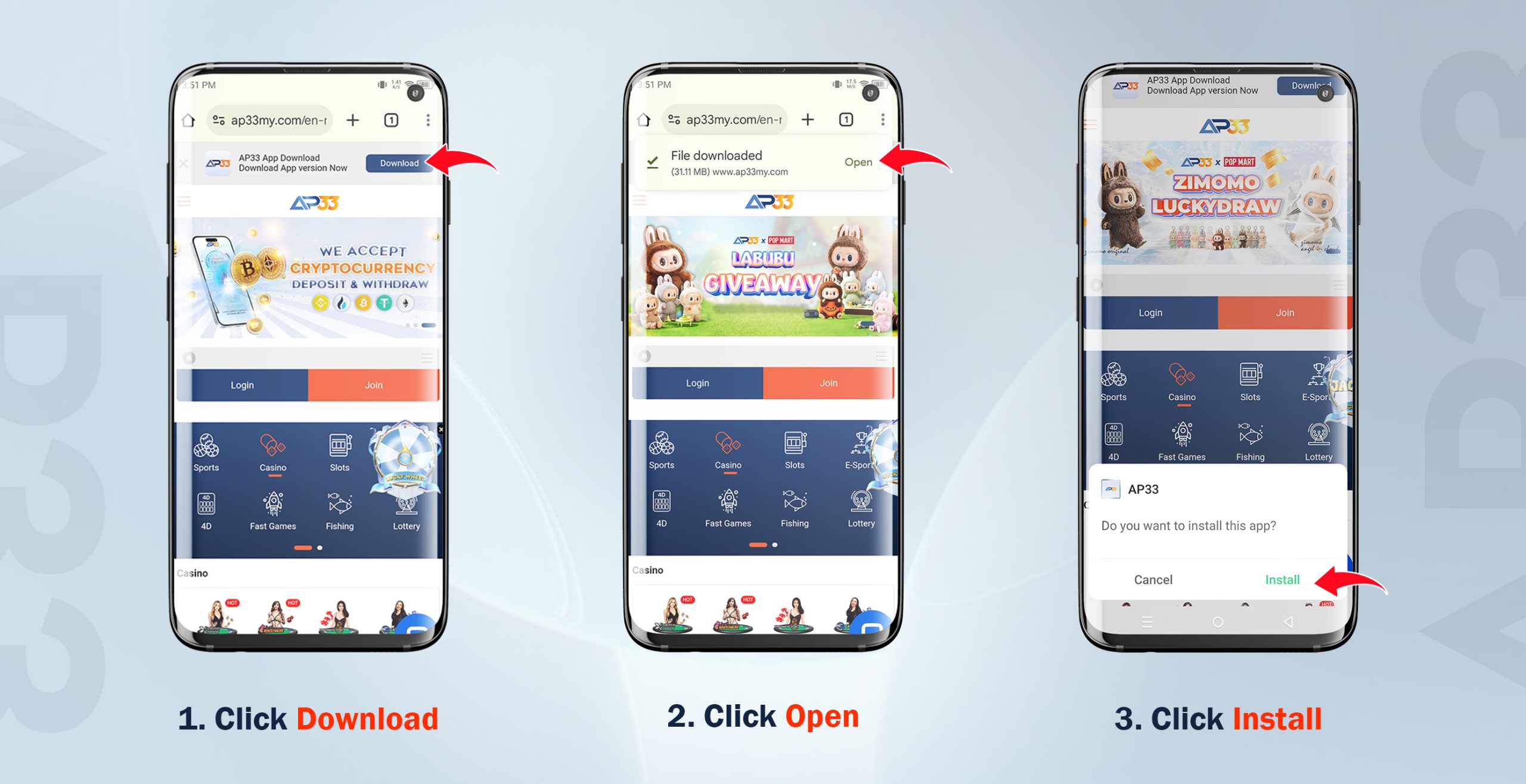 AP33 Android app installation steps showing download, open file, and install APK process