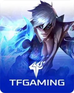 TF Gaming logo featuring a fantasy male character with glowing blue energy effects