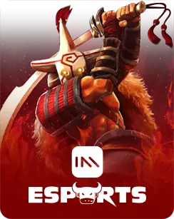 E-sports gaming icon featuring a warrior character holding a weapon with a fiery red background