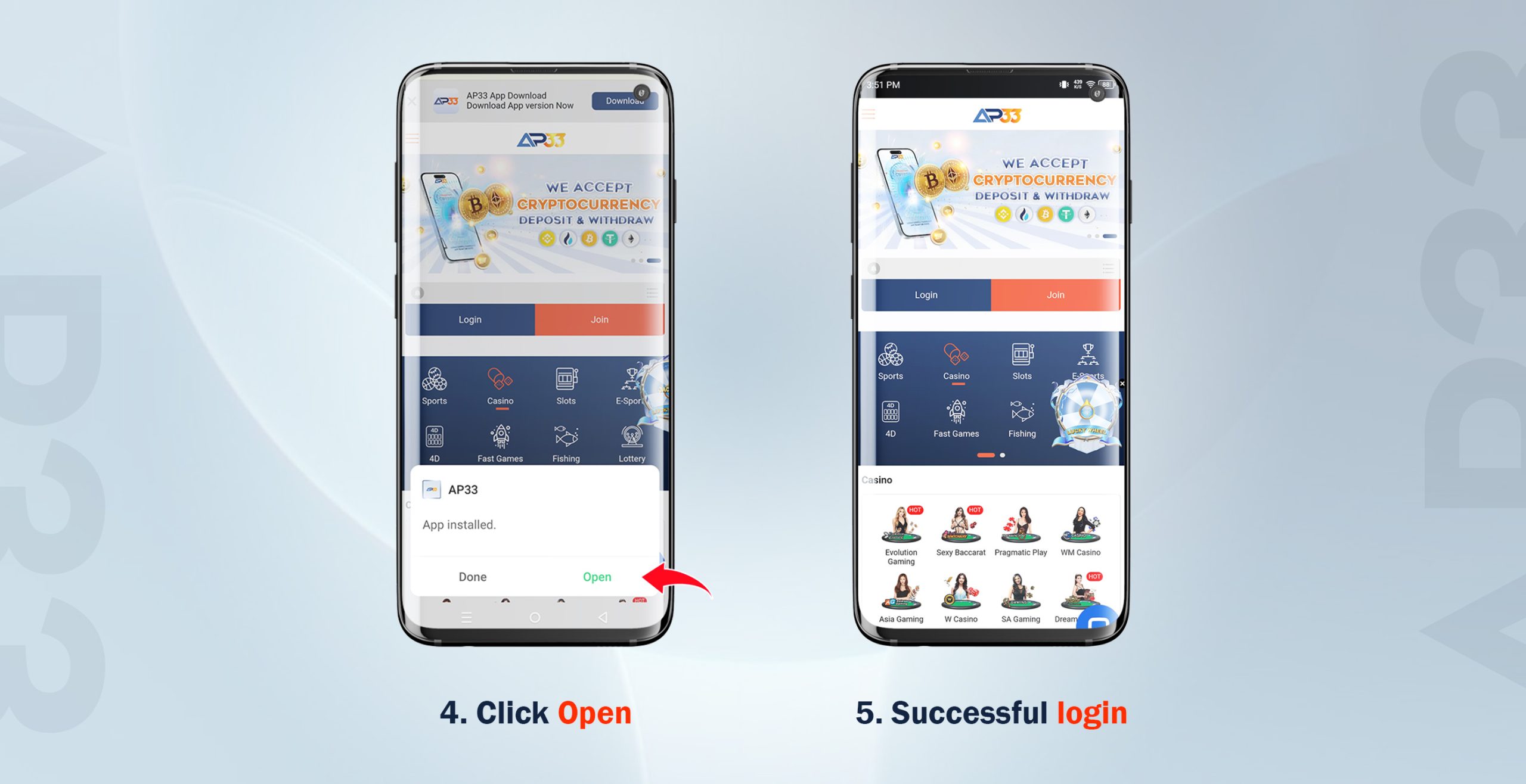 AP33 Android app installation steps showing open app and successful login after APK install