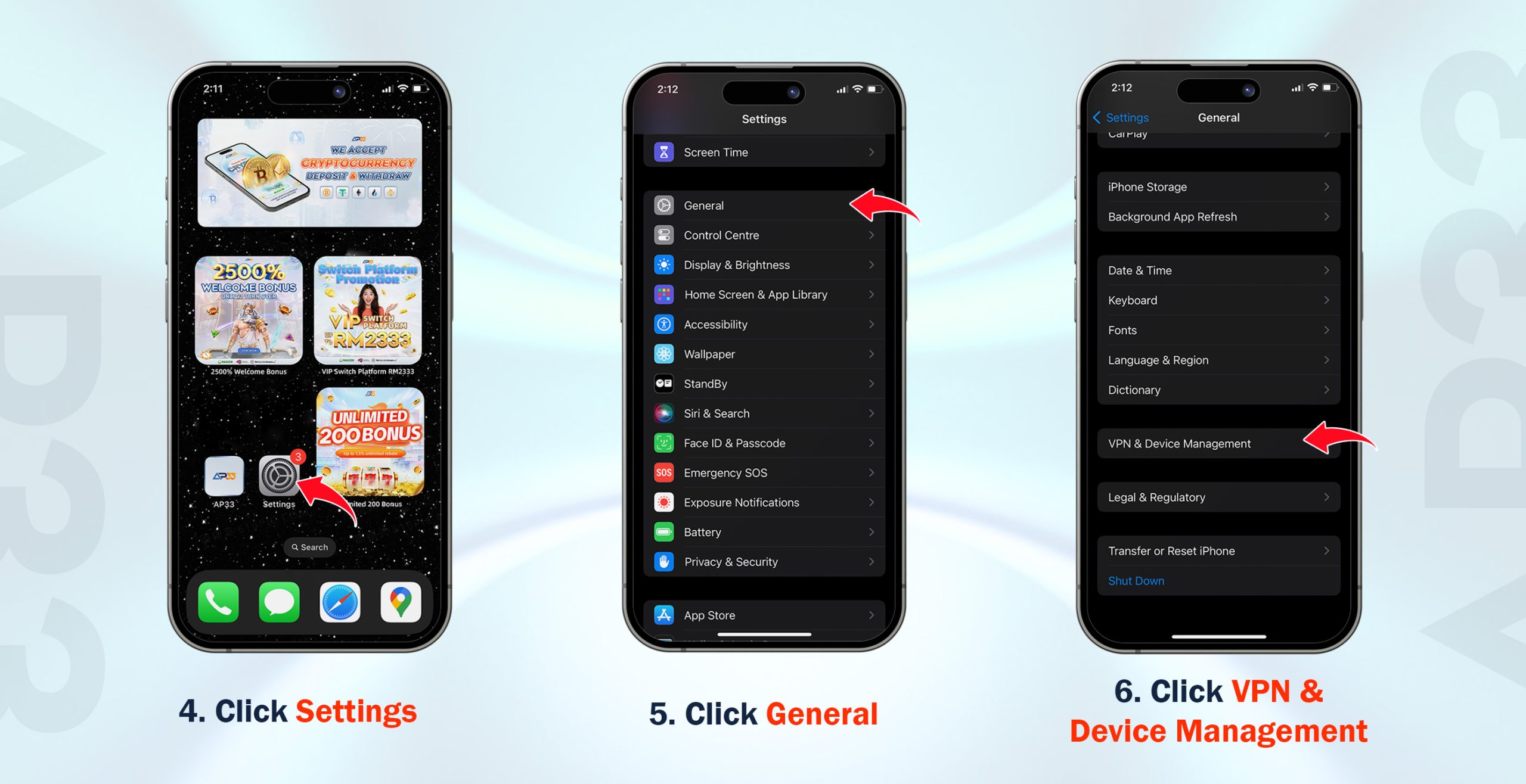 AP33 iOS app installation steps showing settings, general menu, and VPN & device management setup on iPhone