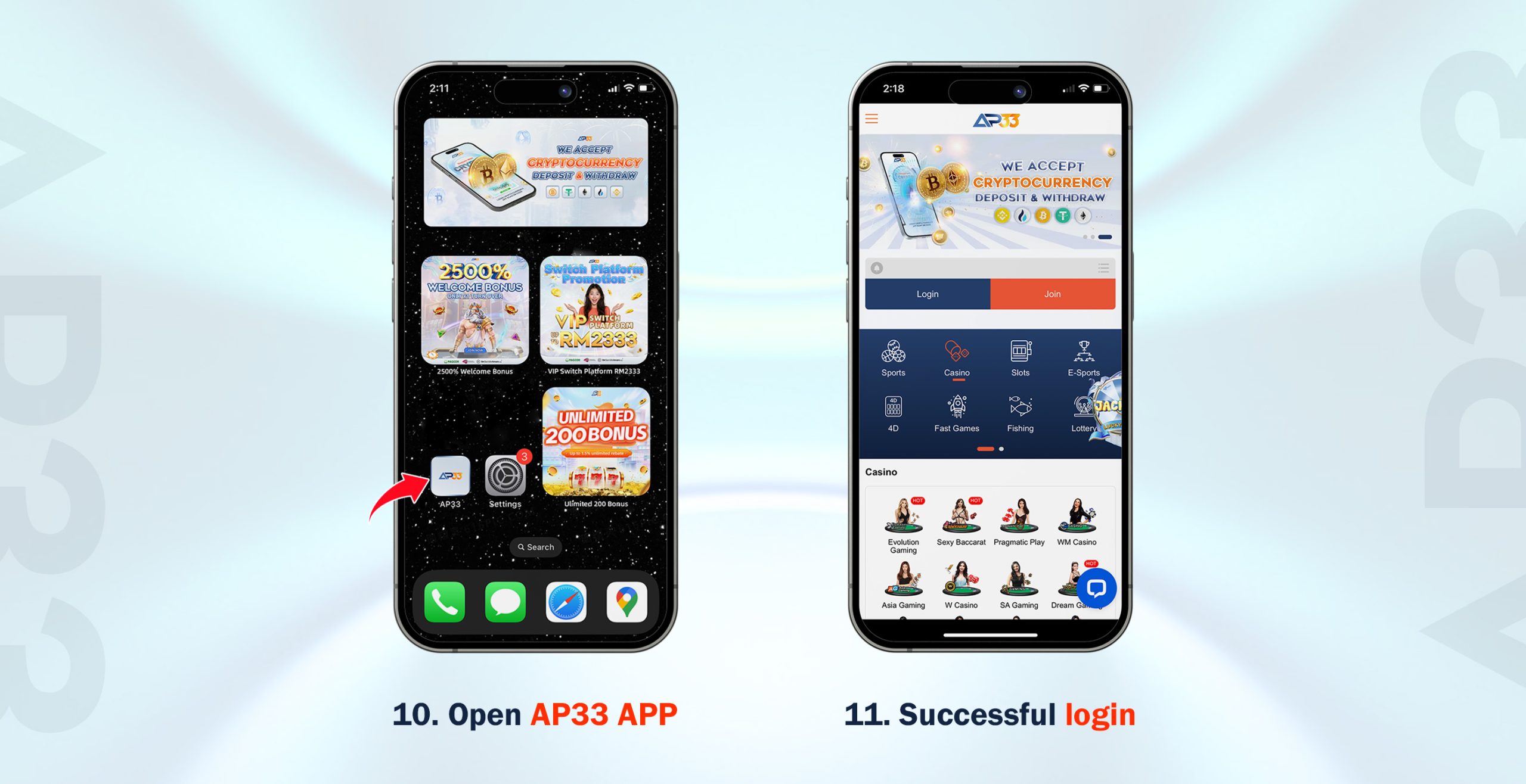 AP33 iOS app final steps showing app launch and successful login on iPhone