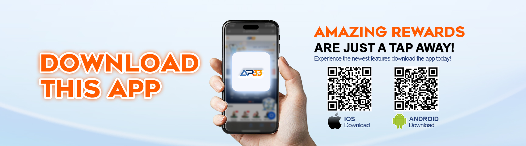 AP33 app download banner with QR codes for iOS and Android and smartphone display