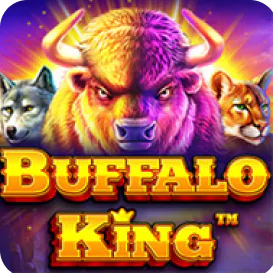 Buffalo King slot game thumbnail featuring a powerful buffalo with wolves and a sunset background.