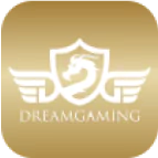 Dream Gaming logo featuring a winged shield with a dragon emblem on a gold background.