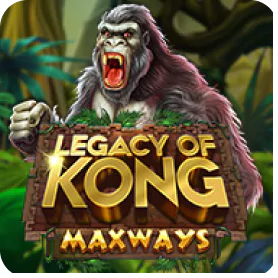 Legacy of Kong Maxways slot game thumbnail featuring a roaring giant gorilla in a jungle background.