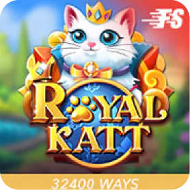 Royal Katt slot game thumbnail featuring a crowned cartoon cat with colorful gemstones and 32400 ways gameplay.
