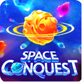 Space Conquest slot game thumbnail featuring a glowing planet with rings and outer space background.