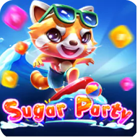 Sugar Party slot game thumbnail featuring a cute raccoon character with colorful candy and sweets background.