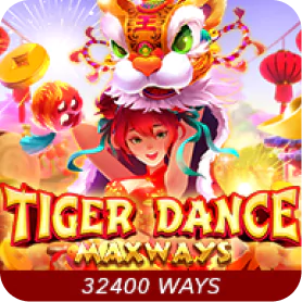 Tiger Dance Maxways slot game thumbnail featuring festive lion dance theme and 32,400 ways to win.