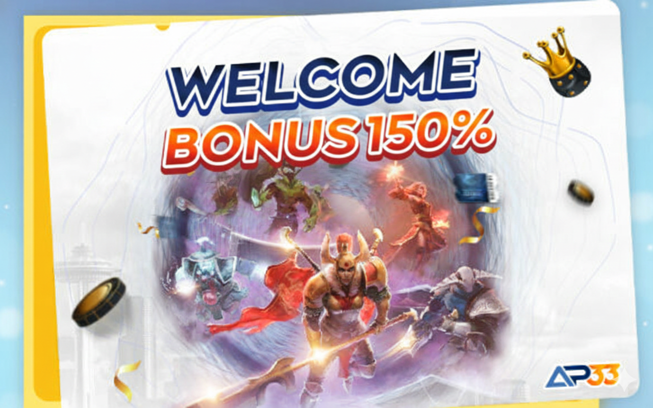 AP33 welcome bonus banner offering 150% bonus with fantasy game characters and promotional graphics.