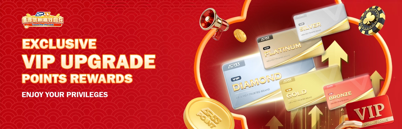 AP33 Exclusive VIP Upgrade Points Rewards banner featuring VIP tier cards including Silver, Gold, Platinum, and Diamond levels.