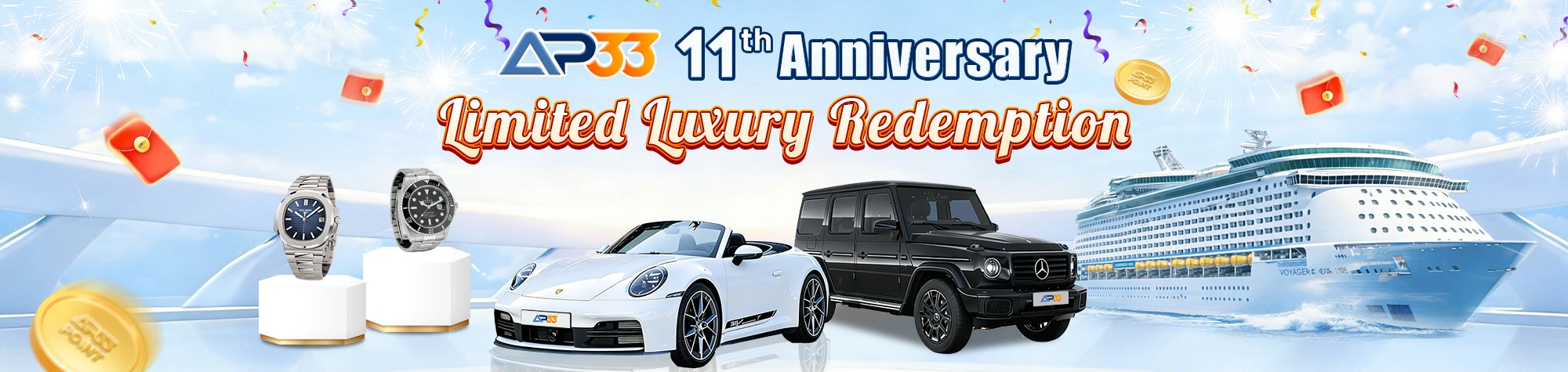 AP33 11th Anniversary limited luxury redemption event banner with watches, luxury cars, and cruise prizes