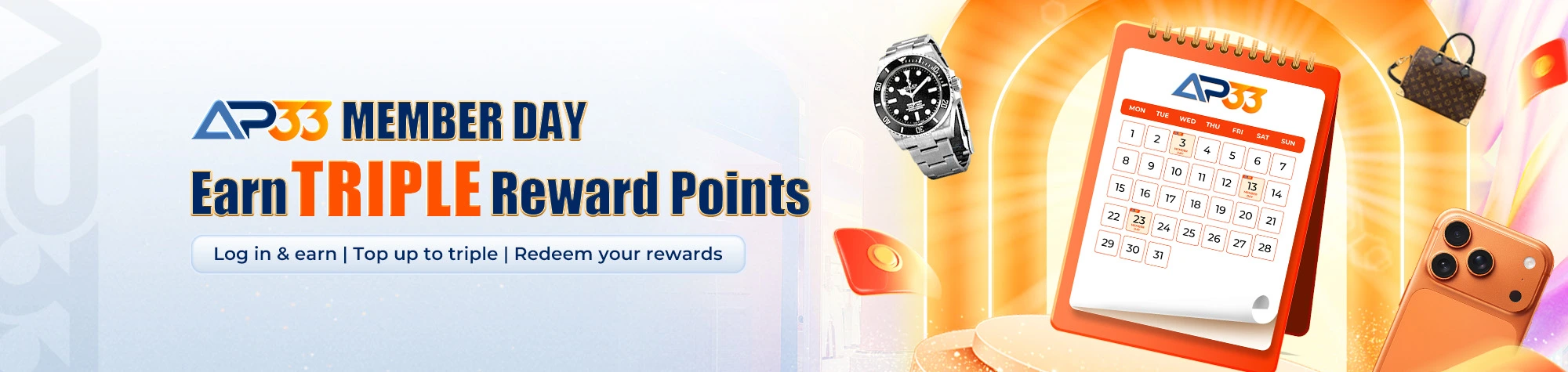 AP33 Member Day promotion banner offering triple reward points with luxury prizes and calendar display
