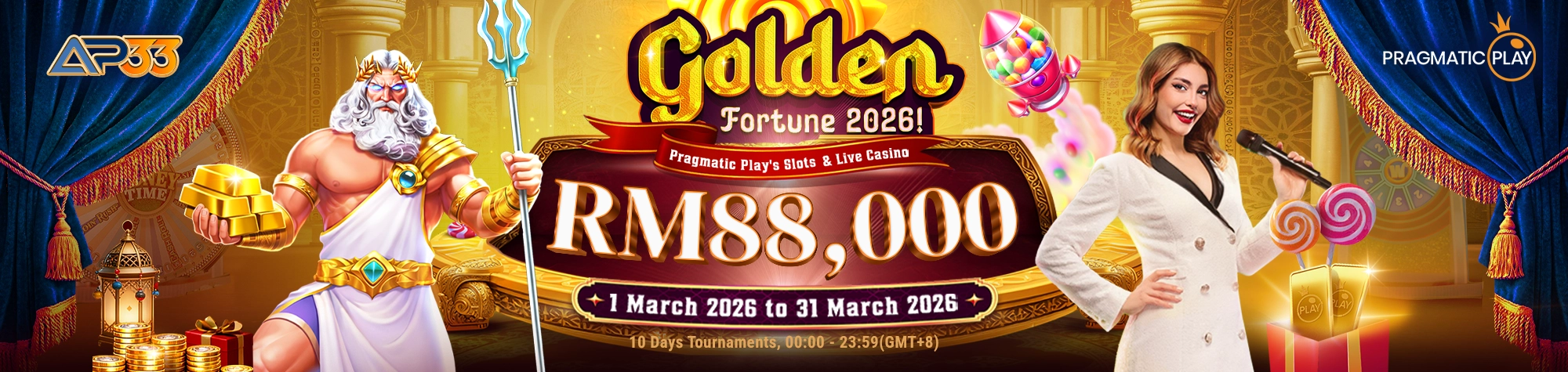 AP33 Golden Fortune 2026 promotion featuring RM88,000 prize with Pragmatic Play slots and live casino