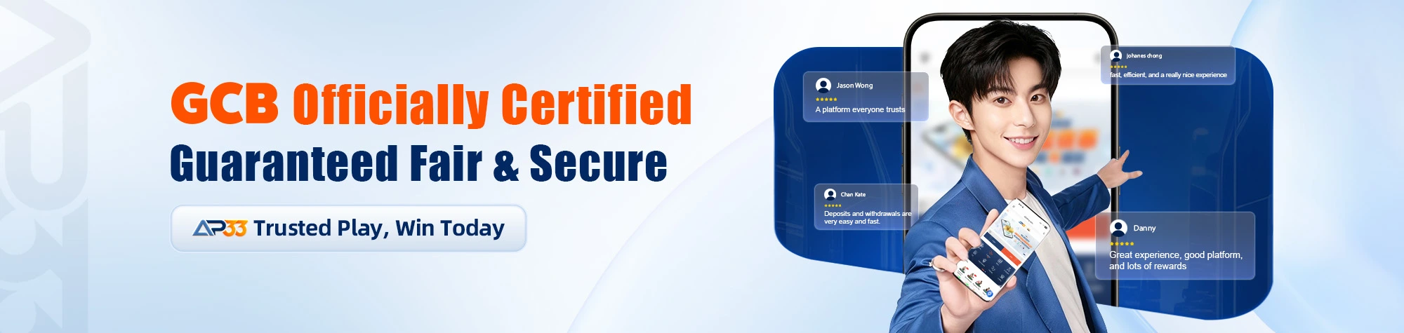 AP33 GCB certified platform banner highlighting fair and secure online gaming experience