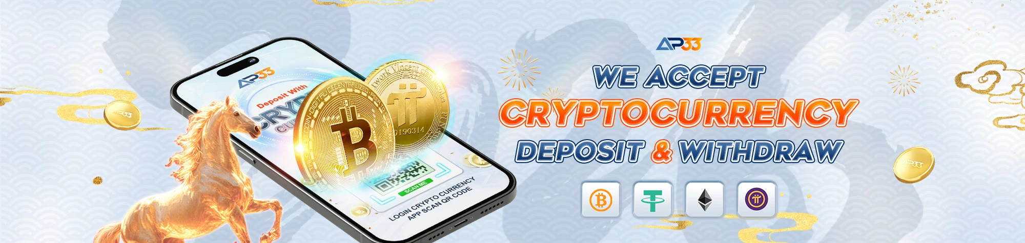AP33 cryptocurrency deposit and withdrawal banner featuring Bitcoin, Ethereum and digital payment options