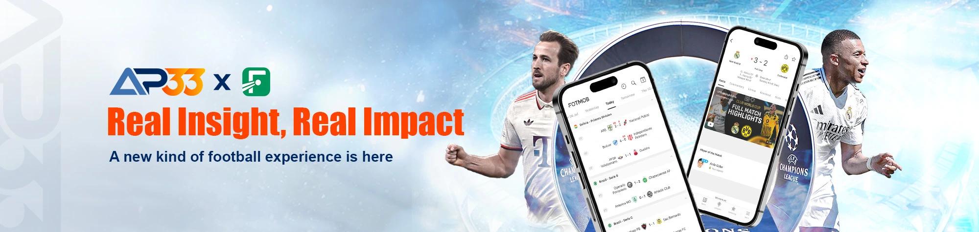 AP33 football insights collaboration banner featuring live match stats, highlights and football players