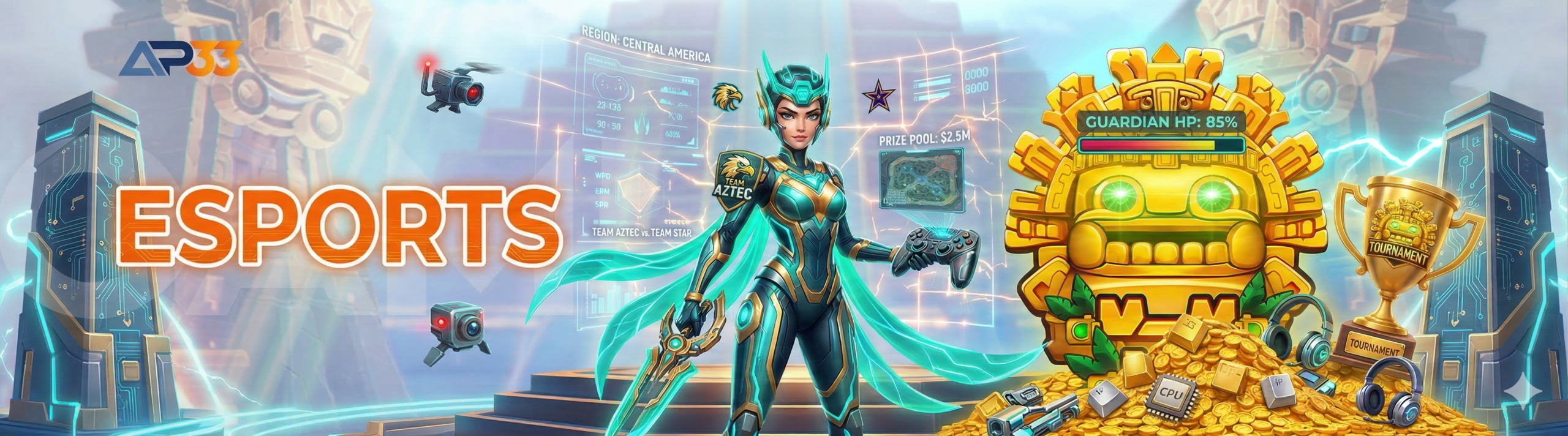 AP33 esports banner featuring futuristic female character, gaming interface, and gold rewards
